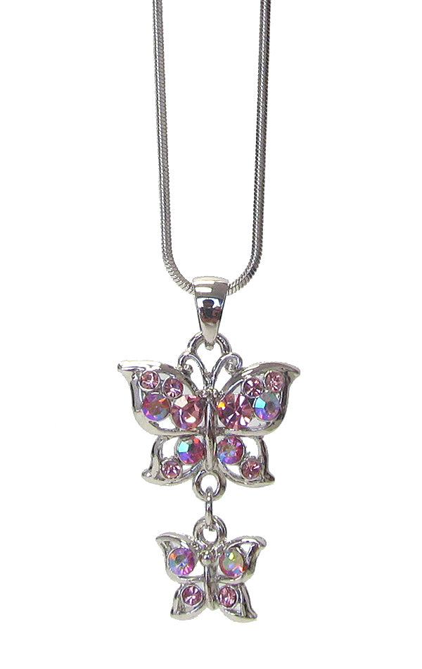 MADE IN KOREA WHITEGOLD PLATING CRYSTAL DOUBLE BUTTERFLY PENDANT NECKLACE