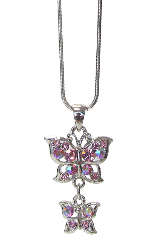 MADE IN KOREA WHITEGOLD PLATING CRYSTAL DOUBLE BUTTERFLY PENDANT NECKLACE