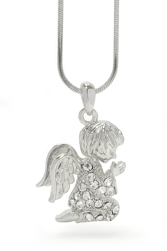 MADE IN KOREA WHITEGOLD PLATING CRYSTAL PRAYING ANGEL PENDANT NECKLACE