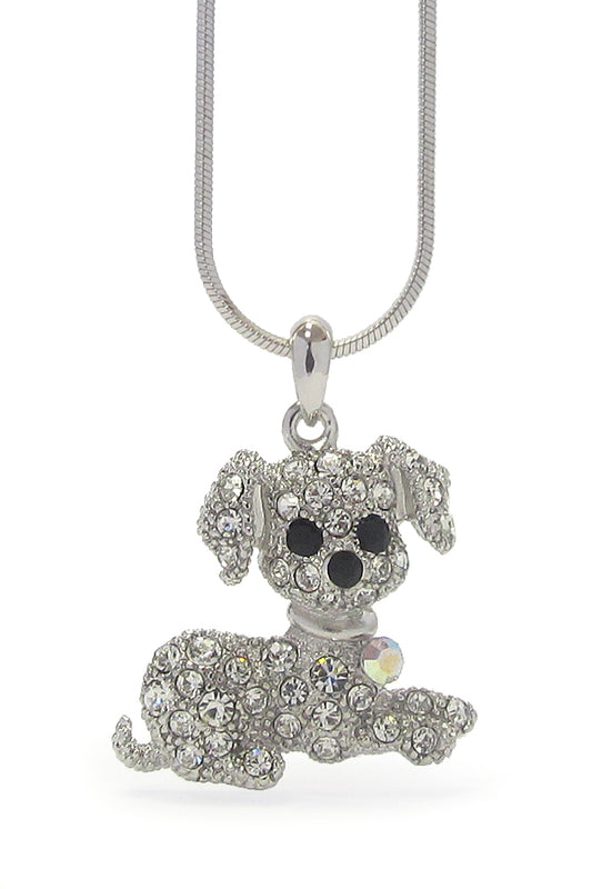 MADE IN KOREA WHITEGOLD PLATING CRYSTAL STUD DOG PENDANT NECKLACE