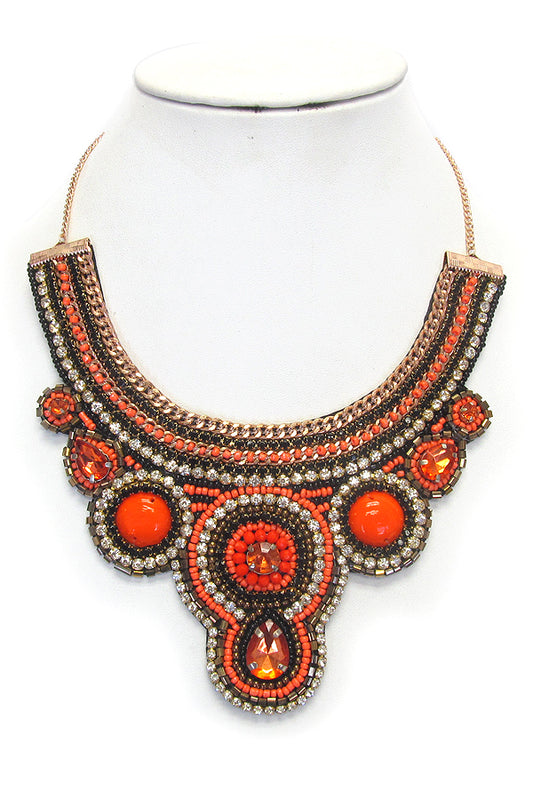 MULTI SEED BEAD AND CRYSTAL MIX BIB NECKLACE