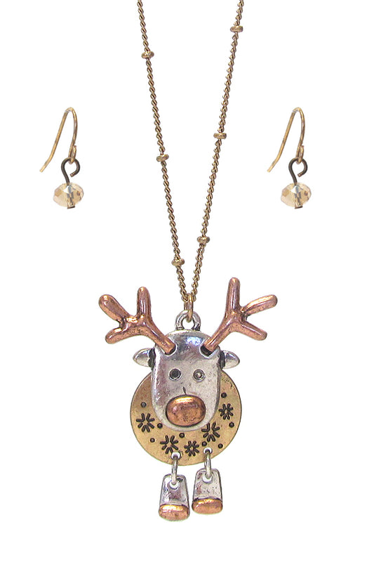 CHRISTMAS THEME RUDOLPH REINDEER PENDANT NECKLACE SET