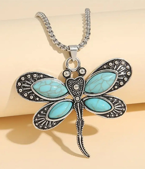 VINTAGE TURQUOISE DRAGONFLY PENDANT NECKLACE