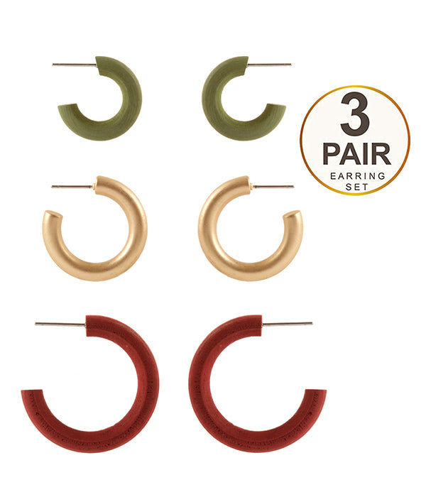 WOOD MIX  3 PAIR HOOP EARRING SET