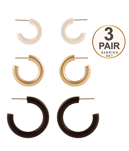 WOOD MIX  3 PAIR HOOP EARRING SET