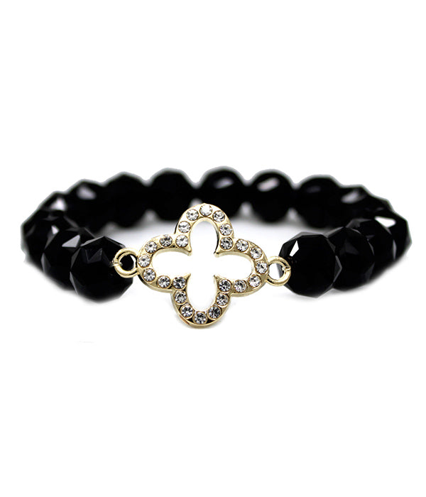 QUATREFOIL AND FACET STONE STRETCH BRACELET