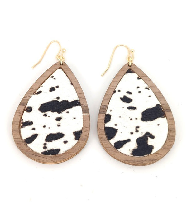 ANIMAL PRINT WOOD TEARDROP EARRING - COW