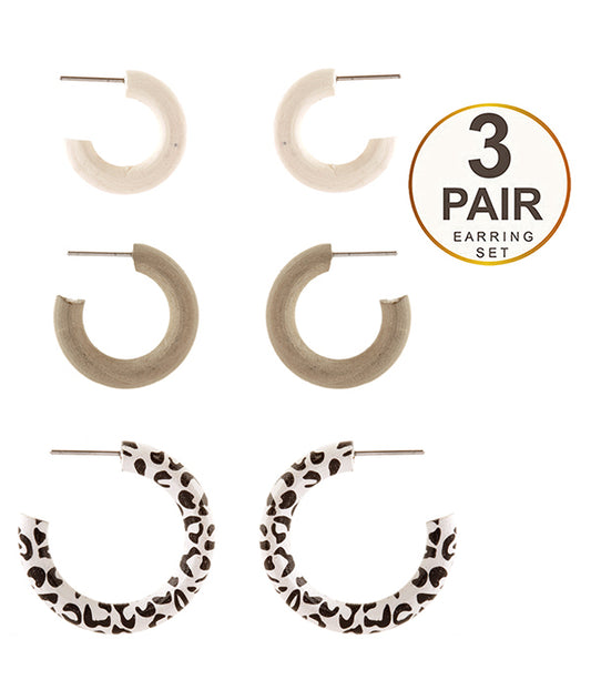 WOOD MIX  3 PAIR HOOP EARRING SET - ANIMAL PRINT