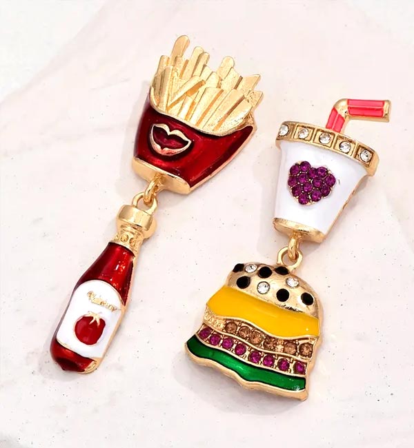 BURGER THEME CHARM DROP EARRING - BURGER FRENCH FRIES DRINK