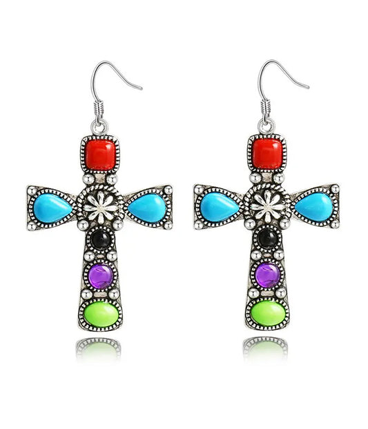 RETRO MULTI STONE MIX CROSS EARRING