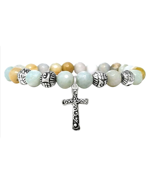 RELIGIOUS INSPIRATION CROSS CHARM AND SEMI PRECIOUS STONE STRETCH BRACELET