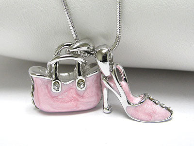 WHITEGOLD PALTING CRYSTAL AND EPOXY BAG AND SHOE DUAL PENDANT NECKLACE