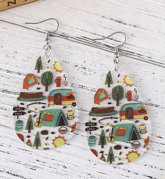 Camping Adventure Acryl Teardrop Dangle Earrings