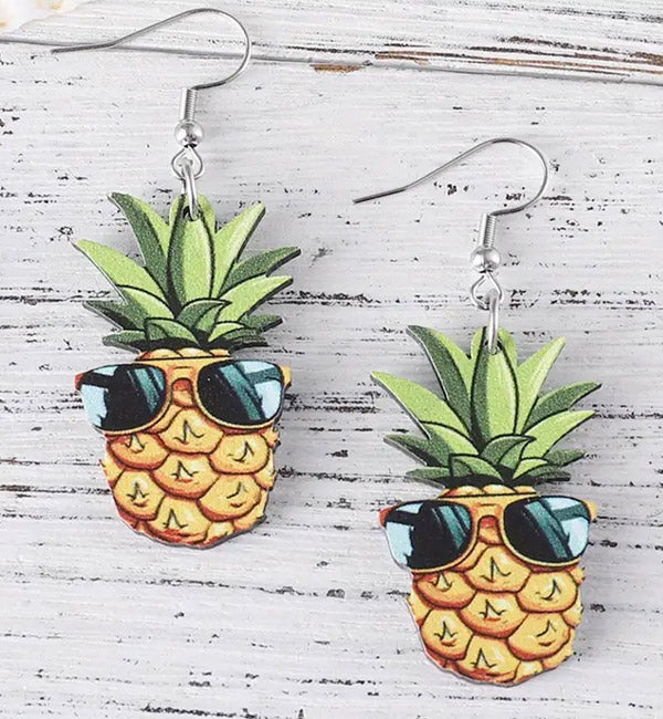 Pineapple Wearing Sunglasses Wooden Earring