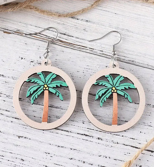 Palm Tree Wooden Dangle Hoop Earrings