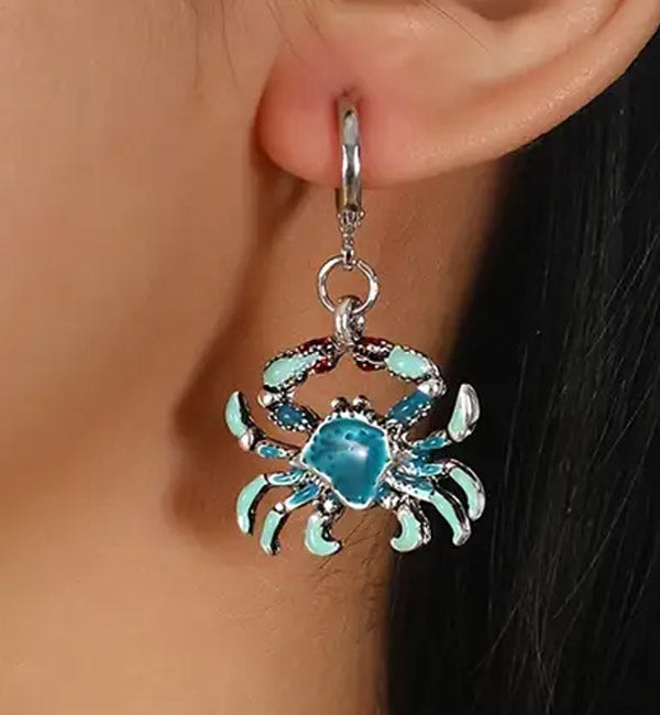 Blue Crab Shaped Dangle Hoop Fun Earrings