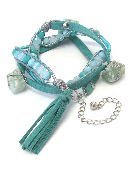 GENUINE STONE AND LEATHERETTE TASSEL WRAP BRACELET