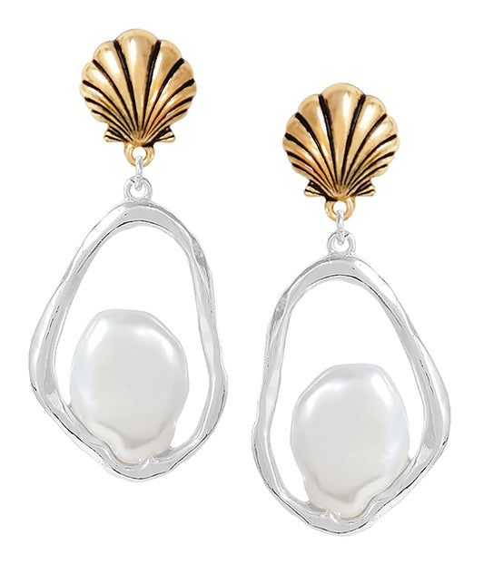 SEALIFE THEME PEARL HOOP DROP EARRING - SHELL