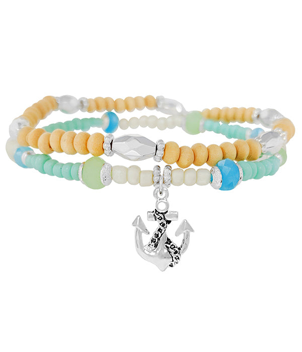 SEALIFE THEME CHARM MULTI SEEDBEAD DOUBLE LAYER STRETCH BRACELET - ANCHOR