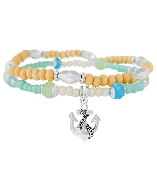 SEALIFE THEME CHARM MULTI SEEDBEAD DOUBLE LAYER STRETCH BRACELET - ANCHOR