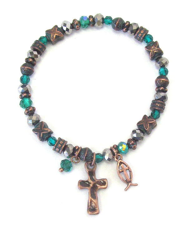 MULTI BEAD AND CROSS CHARM STRETCH BRACELET