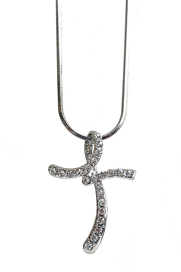 MADE IN KOREA WHITEGOLD PLATING CRYSTAL STUD CROSS PENDANT NECKLACE