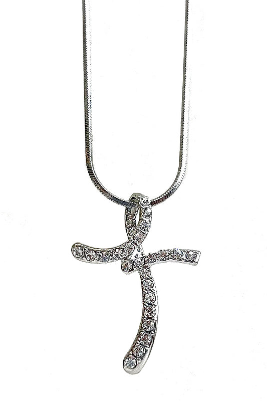 MADE IN KOREA WHITEGOLD PLATING CRYSTAL STUD CROSS PENDANT NECKLACE