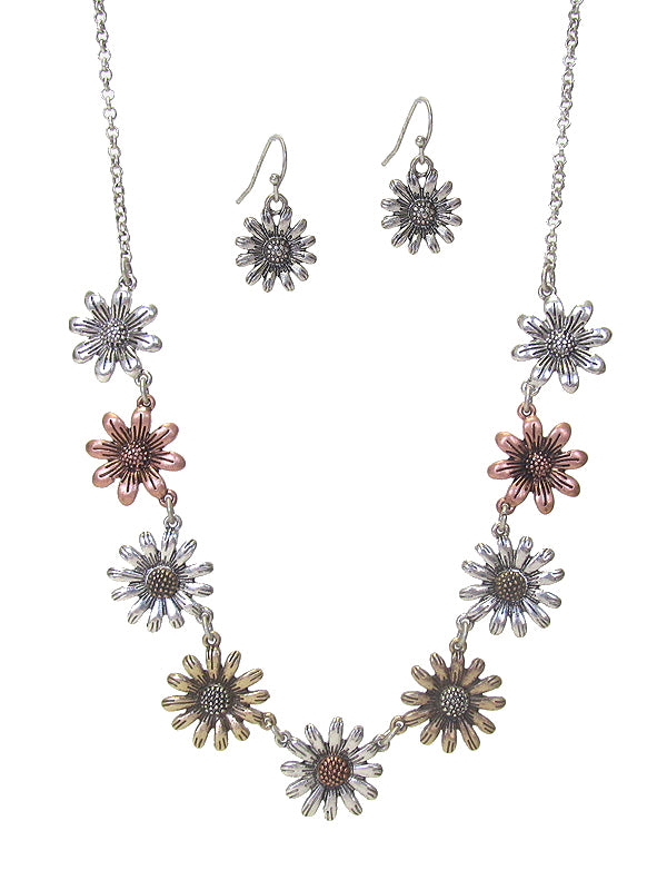 MULTI METAL FLOWER LINK NECKLACE SET