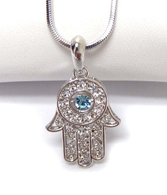 MADE IN KOREA WHITEGOLD PLATING CRYSTAL HAMSA HAND  PENDANT NECKLACE