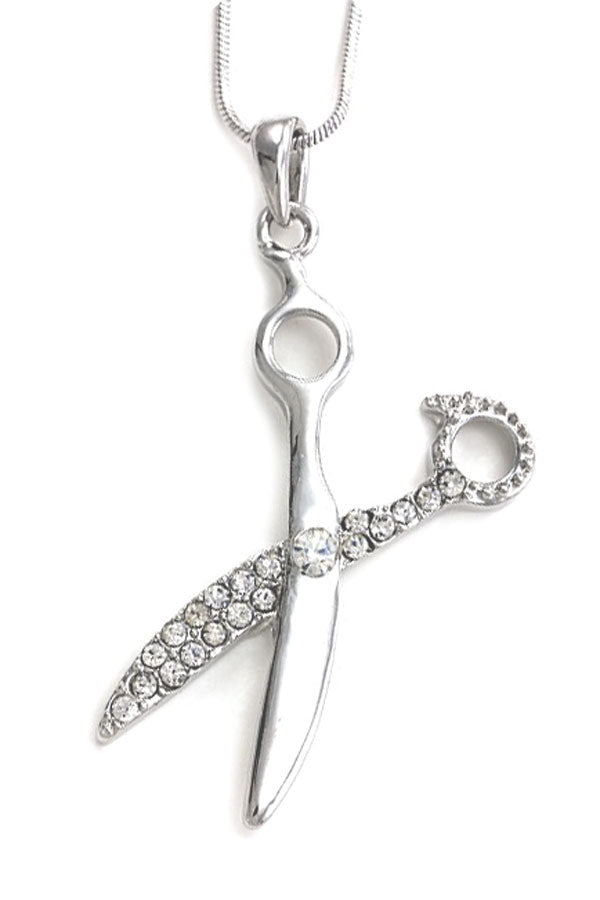 MADE IN KOREA WHITEGOLD PLATING CRYSTAL STUD LARGE SCISSORS PENDANT NECKLACE