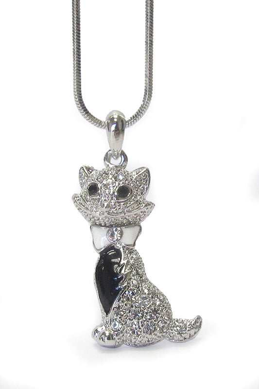 MADE IN KOREA WHITEGOLD PLATING CRYSTAL CAT PENDANT NECKLACE