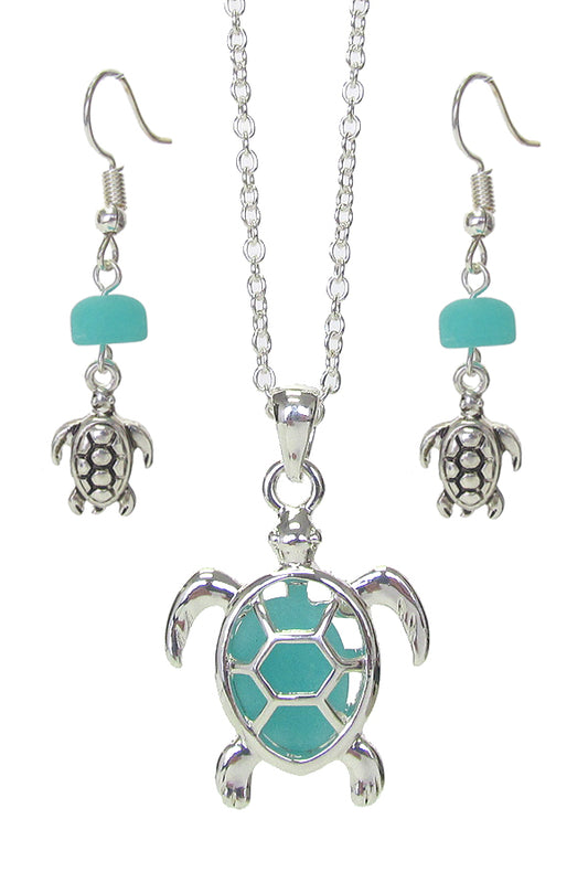 FLOATING SEA GLASS PENDANT NECKLACE SET - TURTLE