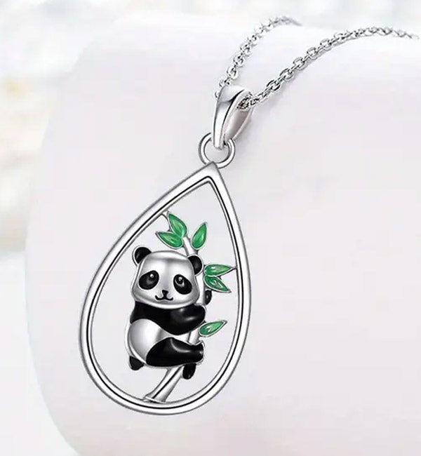 Teardrop Pendant with Panda and Leaves