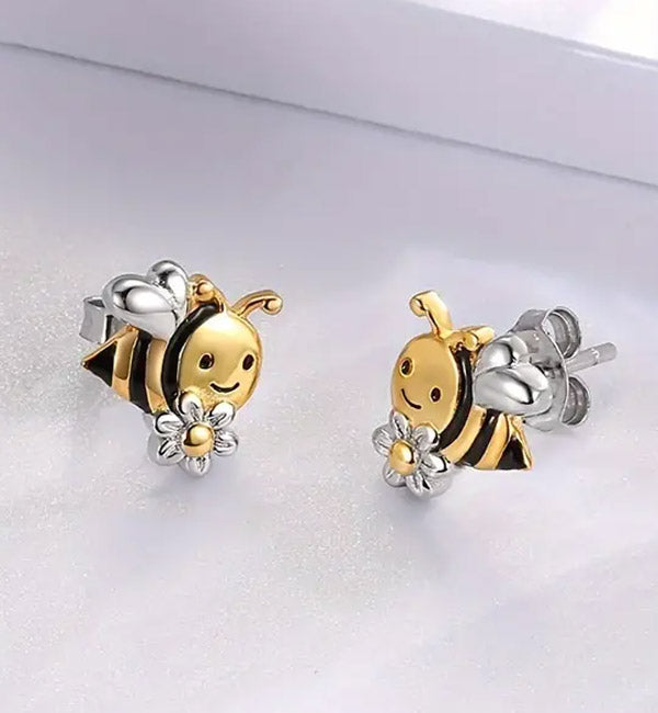 Cute Bumblebee Stud Earrings with Flower Accents