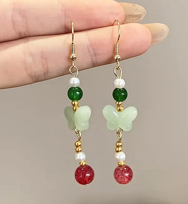 Green Butterfly Glass Beads Dangle Earrings