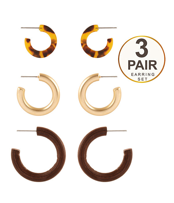 TORTOISE AND METAL 3 PAIR HOOP EARRING SET