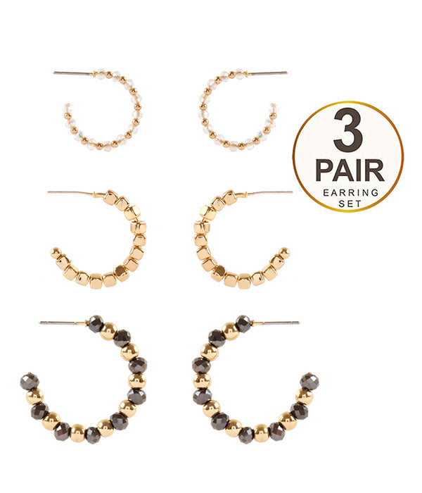 MULTI BEAD MIX 3 PAIR HOOP EARRING SET