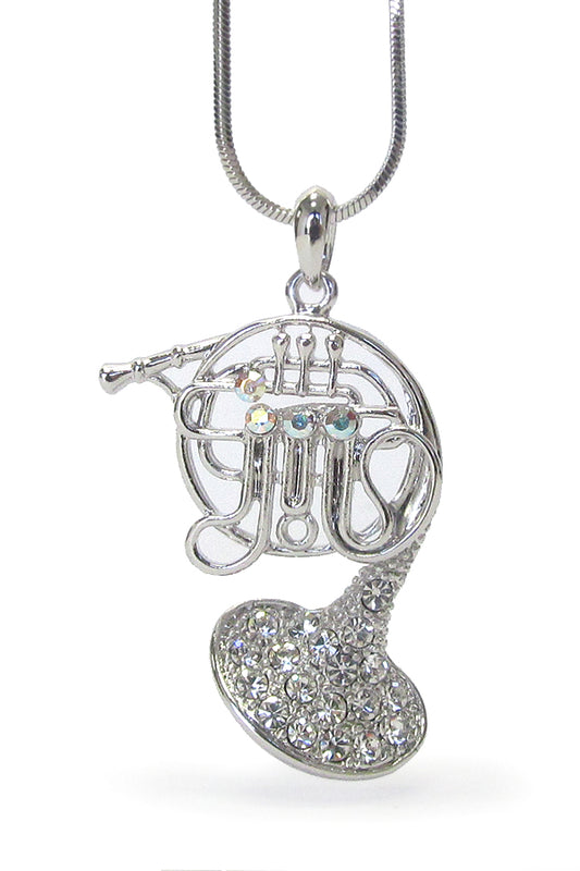 MADE IN KOREA WHITEGOLD PLATING CRYSTAL MUSIC THEME HORN PENDANT NECKLACE