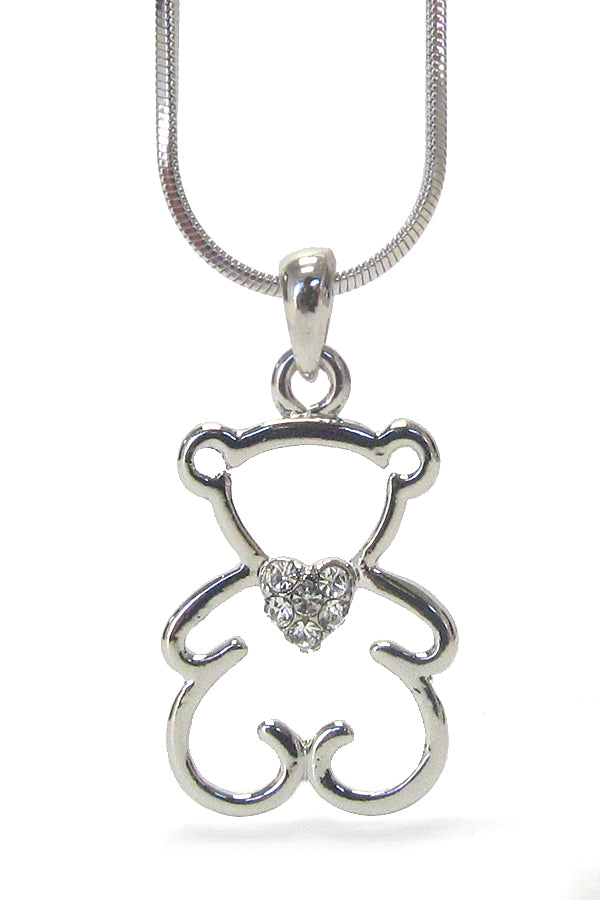 MADE IN KOREA WHITEGOLD PLATING CRYSTAL SIMPLE BEAR PENDANT NECKLACE -valentine