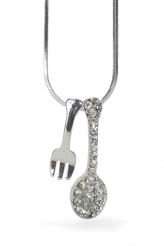 MADE IN KOREA WHITEGOLD PLATING CRYSTAL SPOON FORK  PENDANT NECKLACE