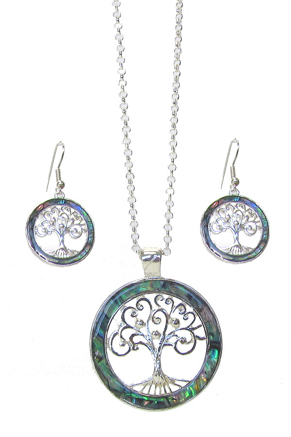 ABALONE TREE OF LIFE DISC PENDANT NECKLACE SET