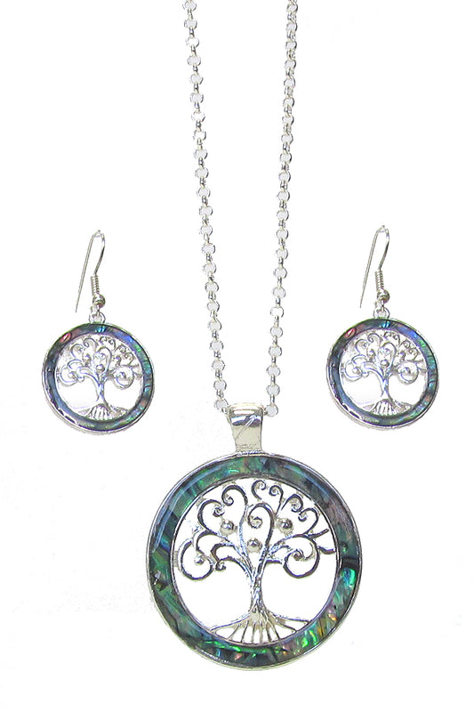 ABALONE TREE OF LIFE DISC PENDANT NECKLACE SET