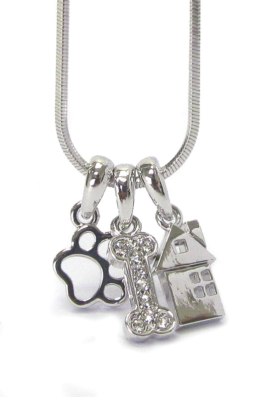 MADE IN KOREA WHITEGOLD PLATING DOG LOVER BONE AND PAW PENDANT NECKLACE