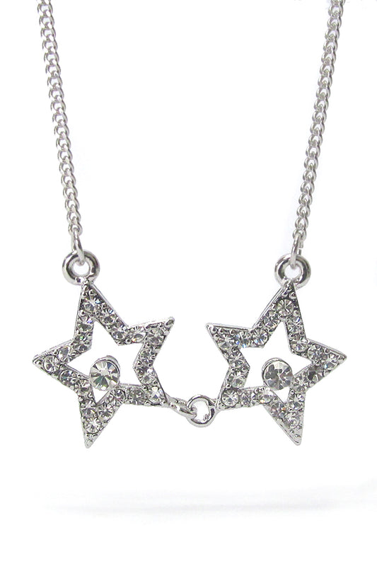 MADE IN KOREA WHITEGOLD PLATING CRYSTAL DUAL STAR LINK NECKLACE