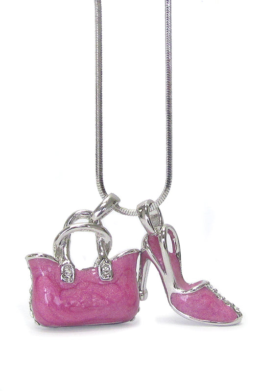 WHITEGOLD PALTING CRYSTAL AND EPOXY BAG AND SHOE DUAL PENDANT NECKLACE