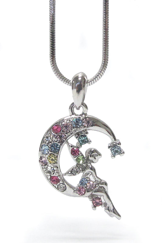 MADE IN KOREA WHITEGOLD PLATING CRYSTAL FAIRY ON THE MOON PENDANT NECKLACE