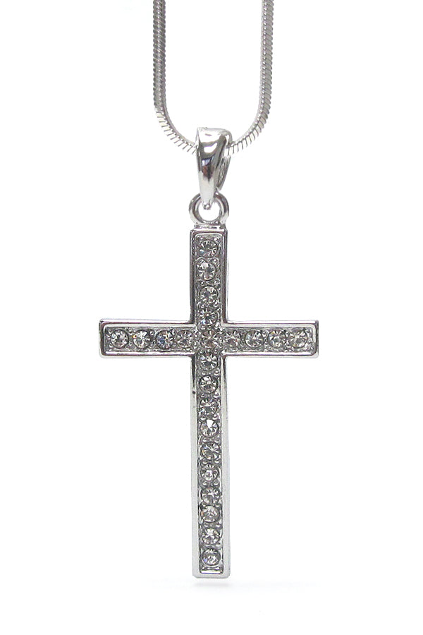 MADE IN KOREA WHITEGOLD PLATING CRYSTAL CROSS PENDANT NECKLACE