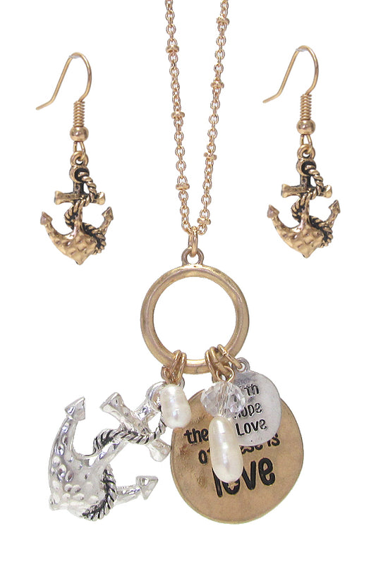 RELIGIOUS INSPIRATION MESSGAE ON DISC PENDANT NECKLACE SET - FAITH HOP LOVE