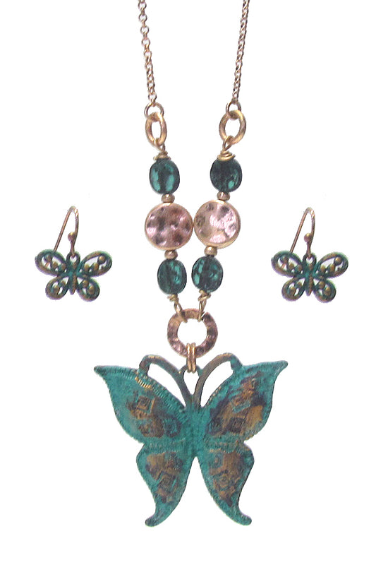 VINTAGE RUSTIC BUTTERFLY PENDANT NECKLACE SET