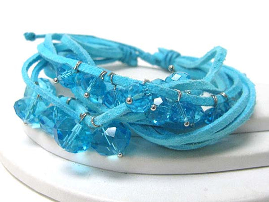 CRYSTAL CUT FACET GLASS STONE CLUSTER MULTI SUEDE FRIENDSHIP BRACELET - FREE WRAP STYLE